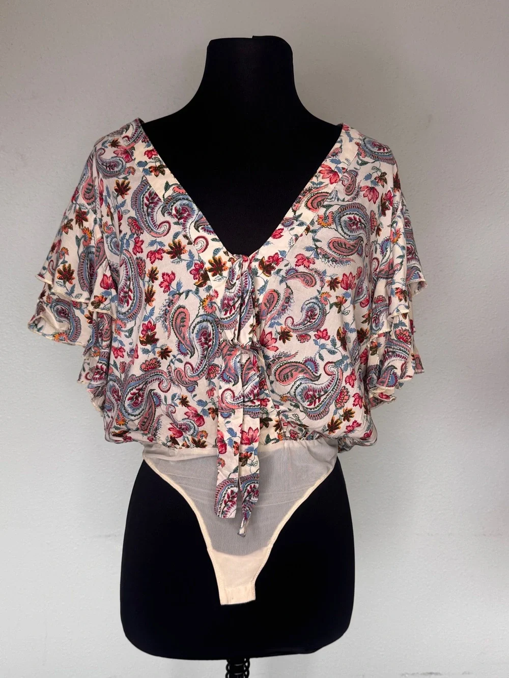 Free People Call Me Later Ruffled Paisley Bodysuit Small